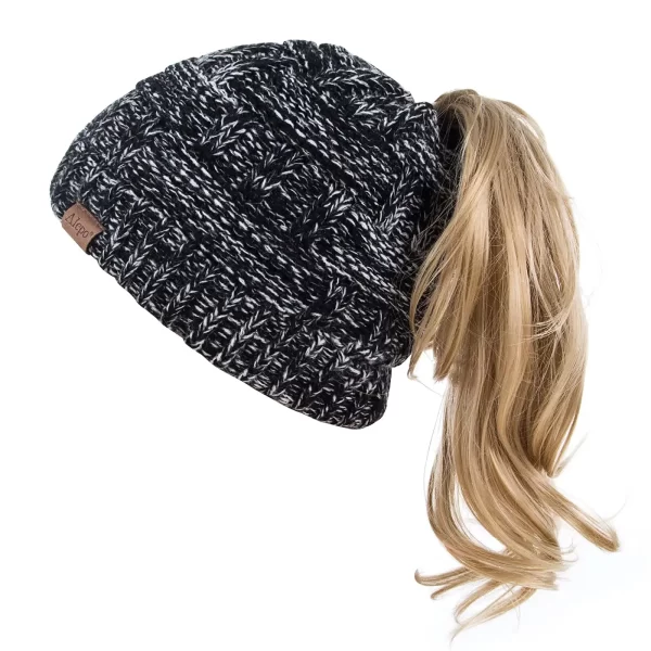 Alepo Womens High Messy Bun Beanie Hat with Ponytail Hole, Winter Warm Trendy Knit Ski Skull Cap