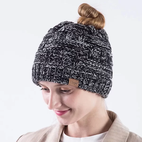 Alepo Womens High Messy Bun Beanie Hat with Ponytail Hole, Winter Warm Trendy Knit Ski Skull Cap - Image 2