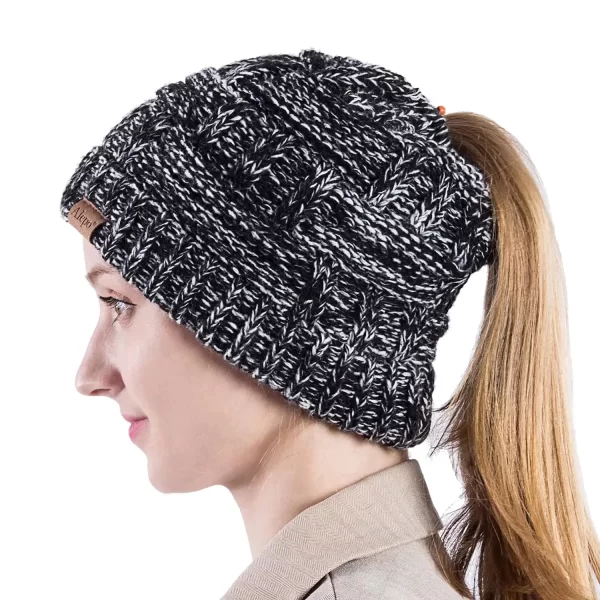 Alepo Womens High Messy Bun Beanie Hat with Ponytail Hole, Winter Warm Trendy Knit Ski Skull Cap - Image 3