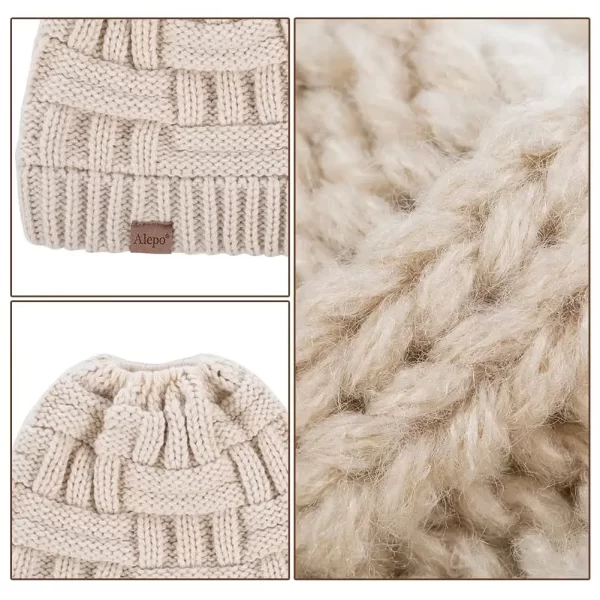 Alepo Womens High Messy Bun Beanie Hat with Ponytail Hole, Winter Warm Trendy Knit Ski Skull Cap - Image 6