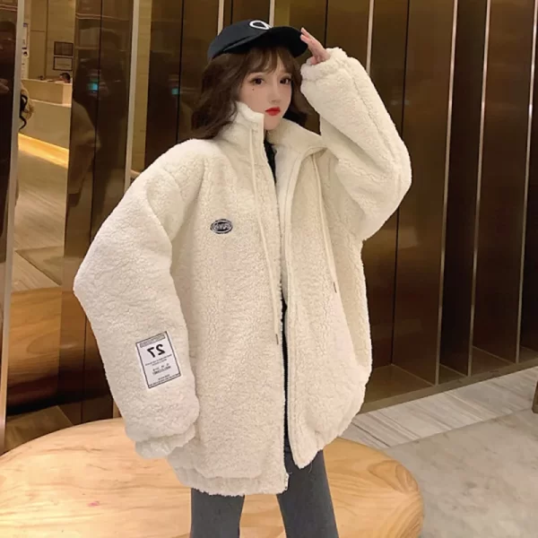 Lamb Plush Jacket Women Fall Winter Faux Fur Coat Casual Zipper Fur Jacket Loose Stand-up Collar Warm Oversized Baseball Uniform - Image 4