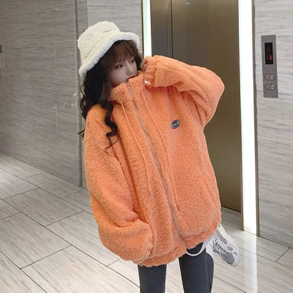 Lamb Plush Jacket Women Fall Winter Faux Fur Coat Casual Zipper Fur Jacket Loose Stand-up Collar Warm Oversized Baseball Uniform - Image 3