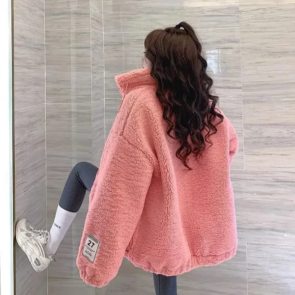 Lamb Plush Jacket Women Fall Winter Faux Fur Coat Casual Zipper Fur Jacket Loose Stand-up Collar Warm Oversized Baseball Uniform - Image 2