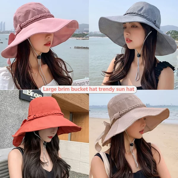 Women's Four Seasons Sunshade Umbrella Outdoor Big Brim Bowknot Bucket Basin Hat Fisherman Hat Panama Hat Fashion Cap - Image 2