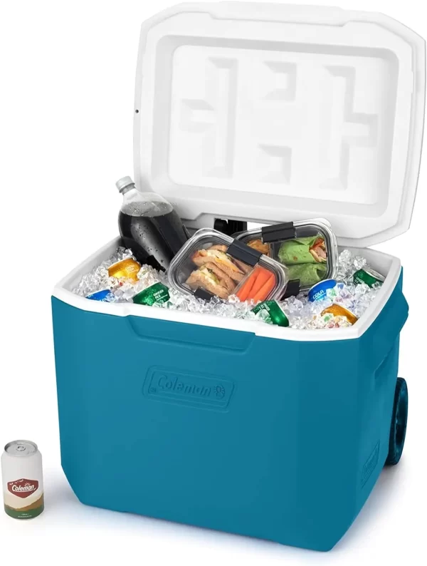 Coleman 60qt Ocean Blue Wheeled Portable Cooler with Insulated Hard Cooling, Heavy-Duty Wheels & Handle, Great for Camping - Image 3