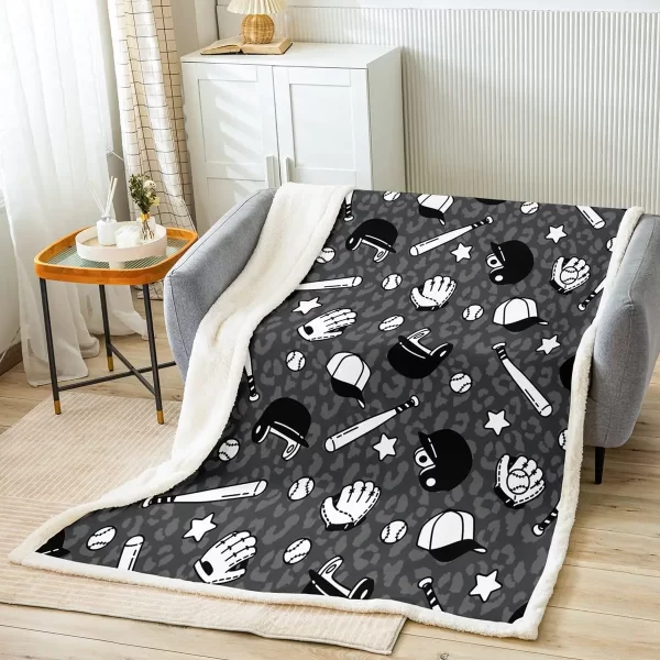 Baseball Theme Throw Blanket Black Grey Leopard Print