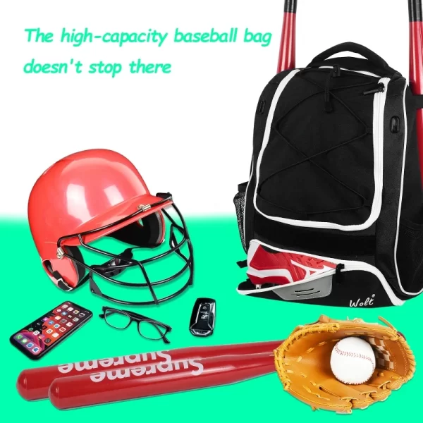 New Baseball Softball Bag Backpack with Shoes Compartment Youth Adult with Fence Hook Hold 2 Tee Ball Bats Batting Glove Gear - Image 3