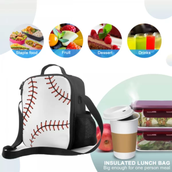 Baseball Lace Insulated Lunch Box for Kids Leakproof Portable Lunch Bags with Adjustable Shoulder Strap Reusable Cooler Tote Bag - Image 4