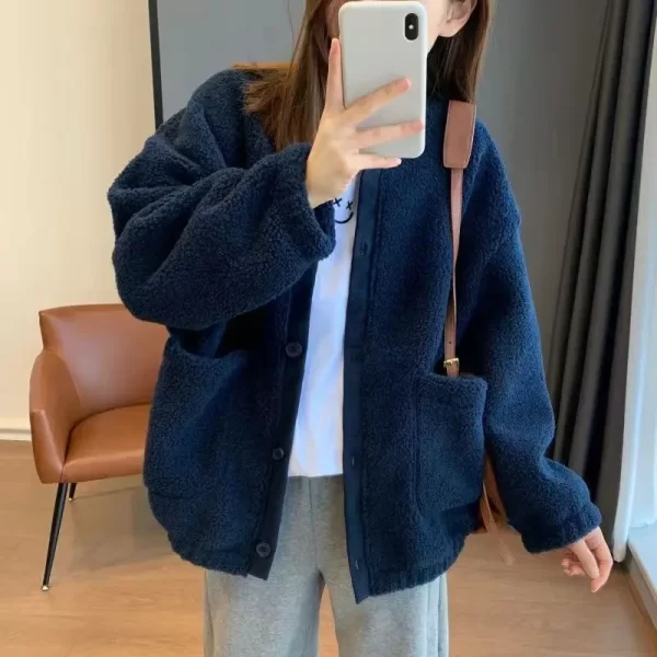 Winter Warm Coat Casual Women's Sweatshirt Harajuku Soft Warm Fashion Solid Pocket Button Baseball Coat Korean Loose Coat 2023