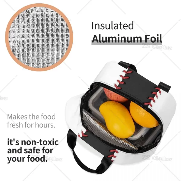 Baseball Lace Insulated Lunch Tote Bag Portable Thermal Cooler Lunch Box with Pocket for Men Boys Outdoor Travel Food Picnic - Image 5