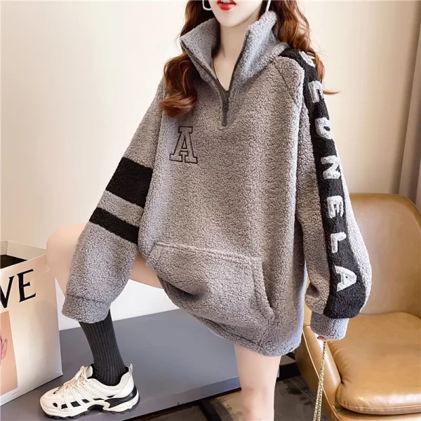 Vintage Lamb Wool Sweatshirt Women Embroidery Letter Hoodies Winter Warm Fleece Coat Women Fashion Oversized Baseball Streetwear - Image 3