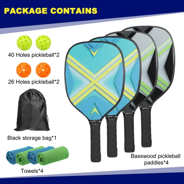 Pickleball Paddles Set with 4 Premium Wood Pickleball Rackets 4 Pickleball Balls 4 Cooling Towels a Carry Bag - Image 3