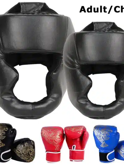 MMA Safety Boxing Gloves Helmet Head Gear & PU Leather Gloves