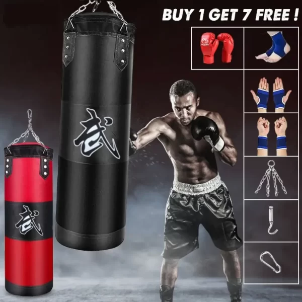 Durable PU Leather Punching Bag Red Black with Gloves
