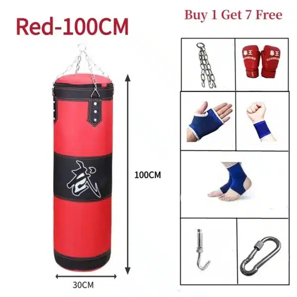 Durable PU Leather Punching Bag Red Black with Gloves - Image 7